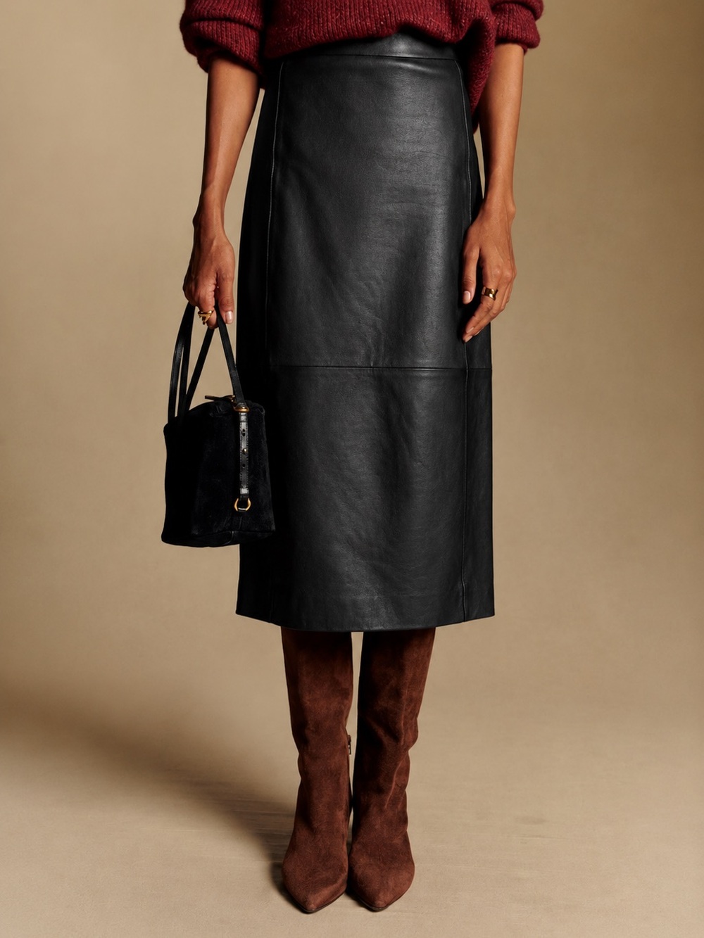 Sézane Magalia Smooth Black Goat Leather Midi Skirt